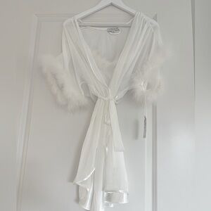 Feather Trim Sheer White Bridal Robe